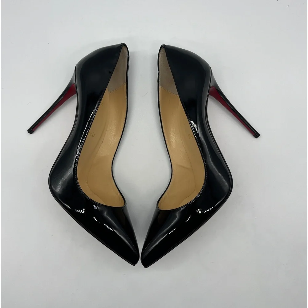 Christian Louboutin Black Patent Leather Pointed Toe Stilettos with Red Sole